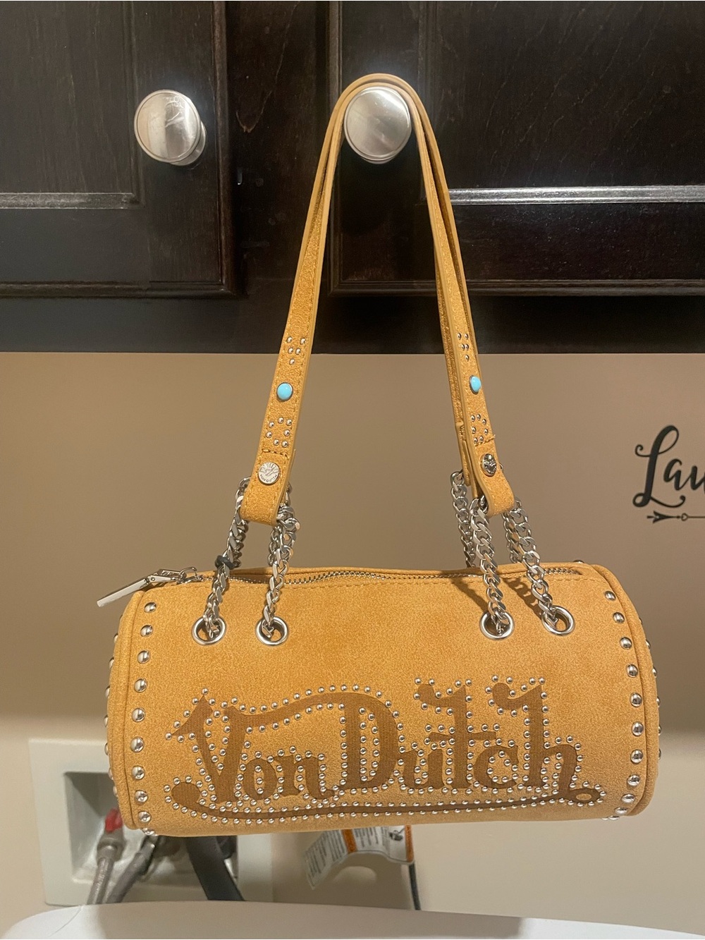 NWT Von Dutch Brown Long Barrel Bag with Studded Von Dutch Logo Teal Aztec Gems